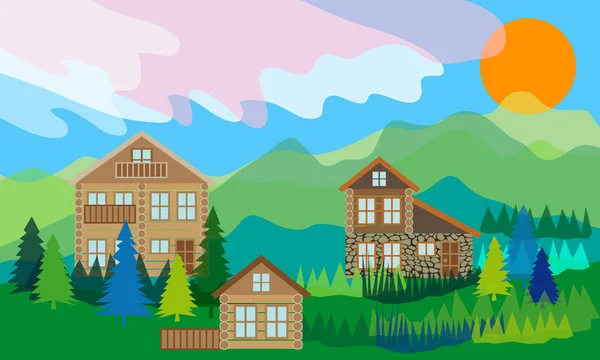 Paisaje alpino con casas de madera . — Vector de stock