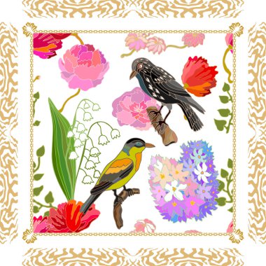 İpek eşarp deseni ile çiçek açan çiçekler bahar ve kuşlar fantezi.