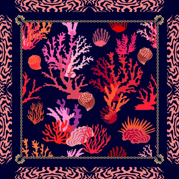 Magische Unterwasserwelt. Seidentuch mit tropischen Motiven. — Stockvektor