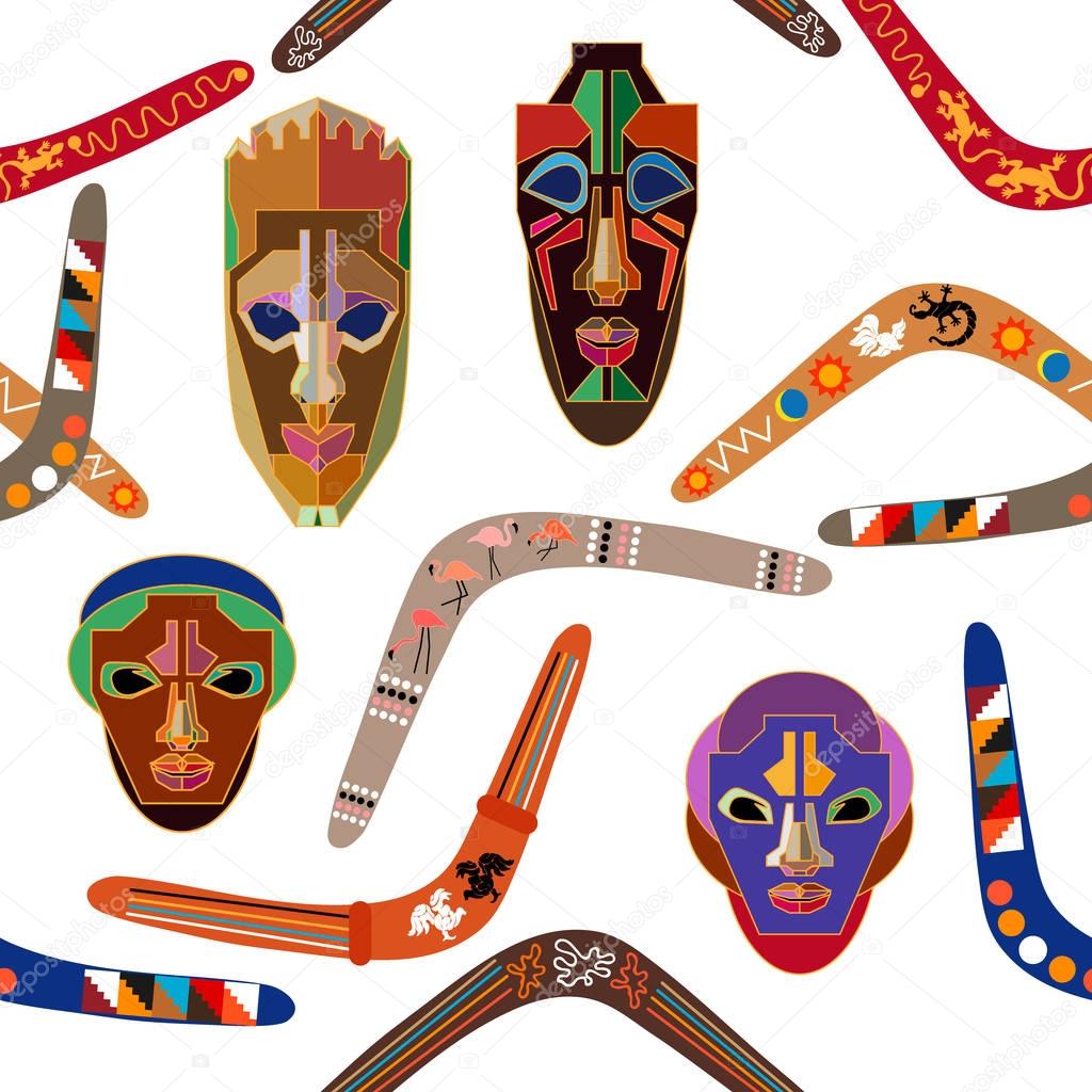 Seamless vector pattern with Australian boomerangs and African masks.