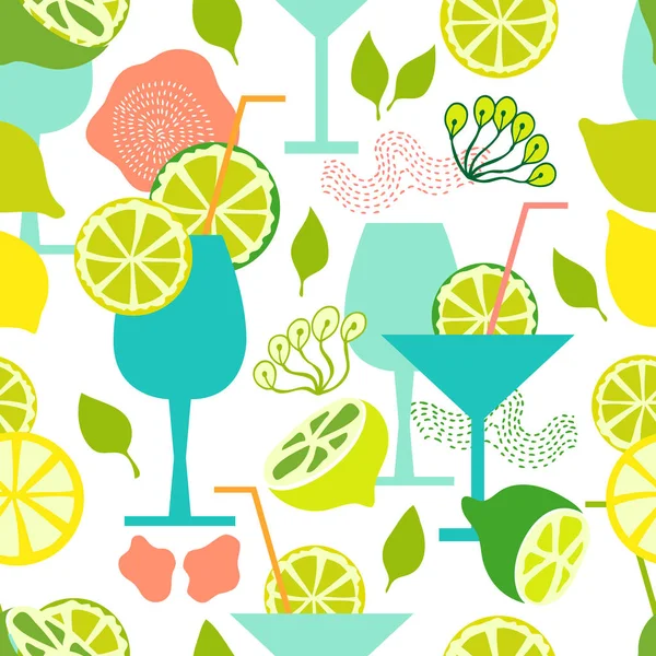 Fresh lemonade. Seamless vector pattern with cold drinks and limes. — Stock Vector