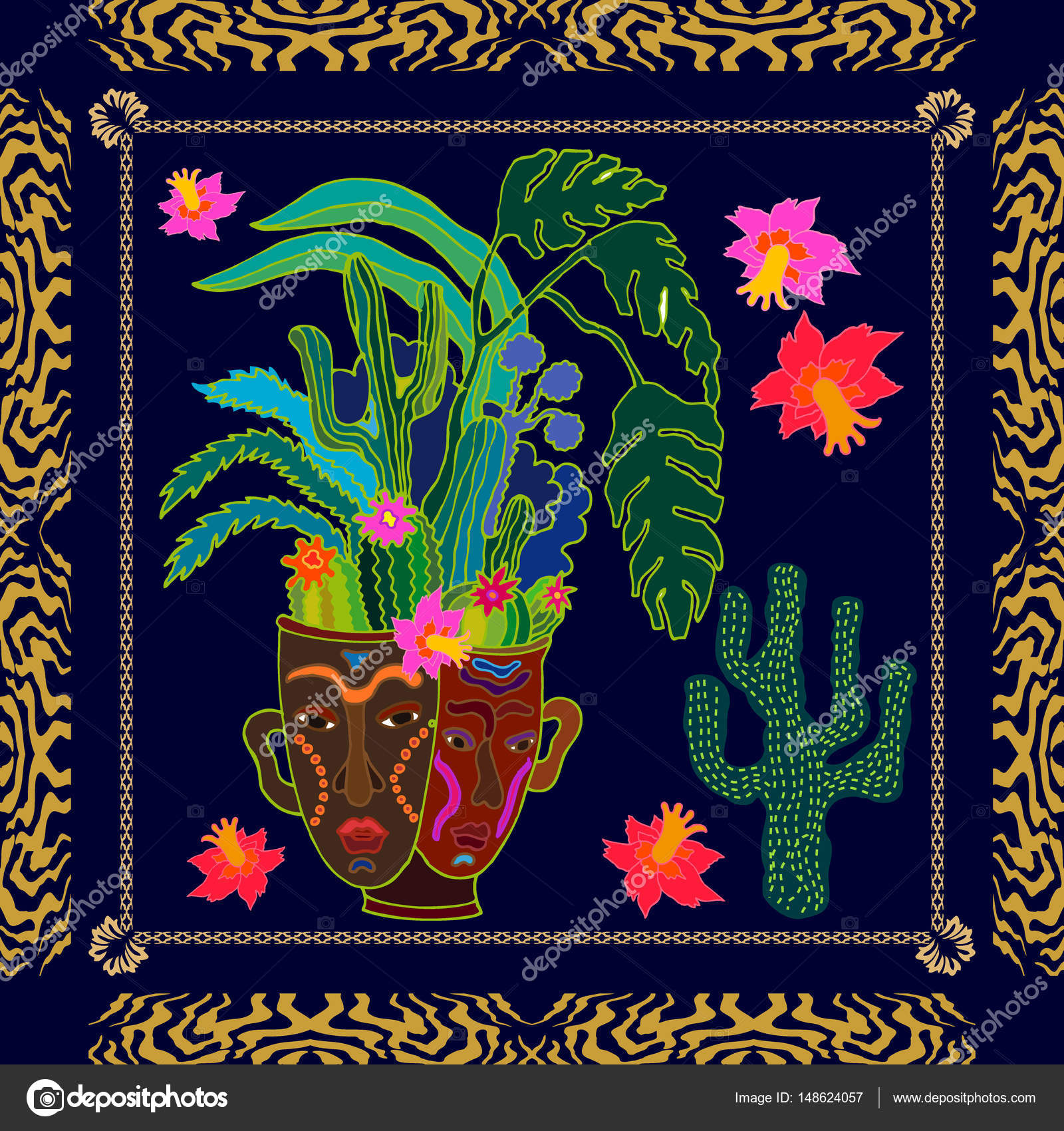 Jardín de suculento. Impresión textil inspirado en motivos del arte