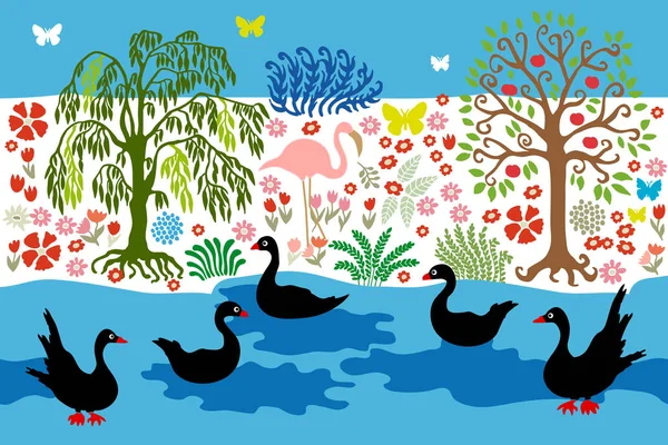 Lago tranquilo con cisnes . — Vector de stock