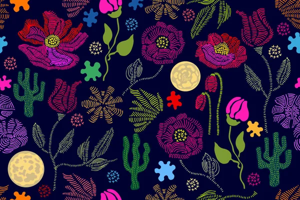 Letnie kolory. Wzór kwiatowy wektor z su i haft kwiaty — Wektor stockowy