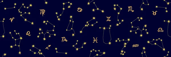 Ciel nocturne. Modèle vectoriel abstrait sans couture avec constellations et signes du zodiaque — Image vectorielle