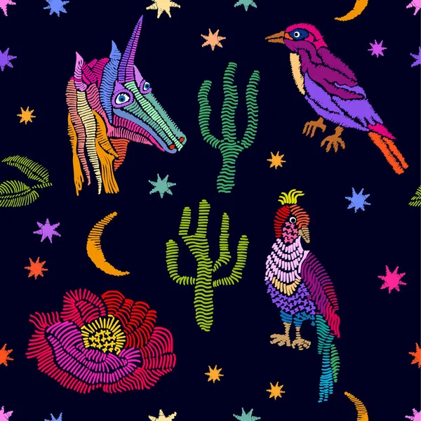 Licorne, étoiles, plantes et oiseaux . — Image vectorielle