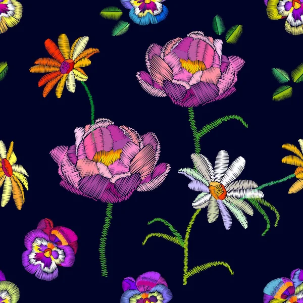 Απρόσκοπτη λουλουδάτο μοτίβο με κεντημένα pansies και χαμομήλια. — Διανυσματικό Αρχείο