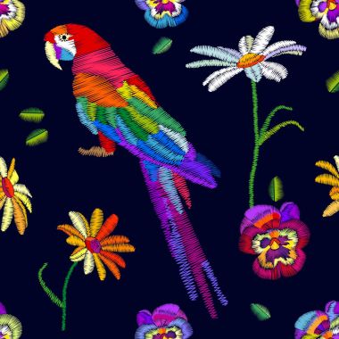 Tropikal yaz. Papağan ve çiçekler ile sorunsuz vektör desen.