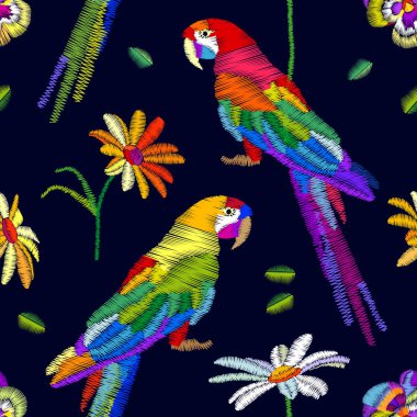 Tropikal yaz. Papağan ve çiçekler ile sorunsuz vektör desen.