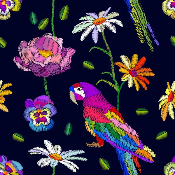 Été tropical. Modèle vectoriel sans couture avec perroquets et fleurs . — Image vectorielle