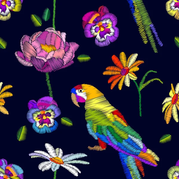Tropische zomer. Naadloze vector patroon met papegaaien en bloemen. — Stockvector