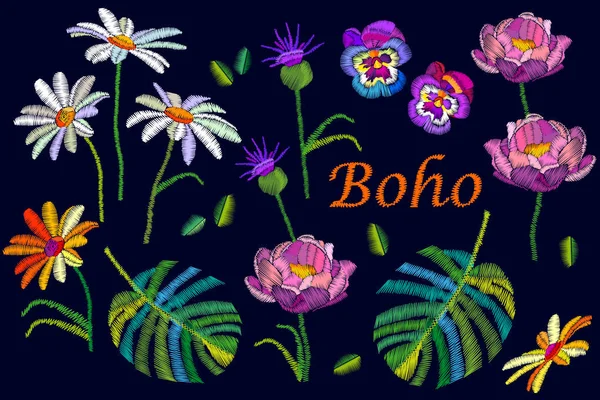 Boho chic. Collectie van zomerbloemen met geborduurde textuur. — Stockvector