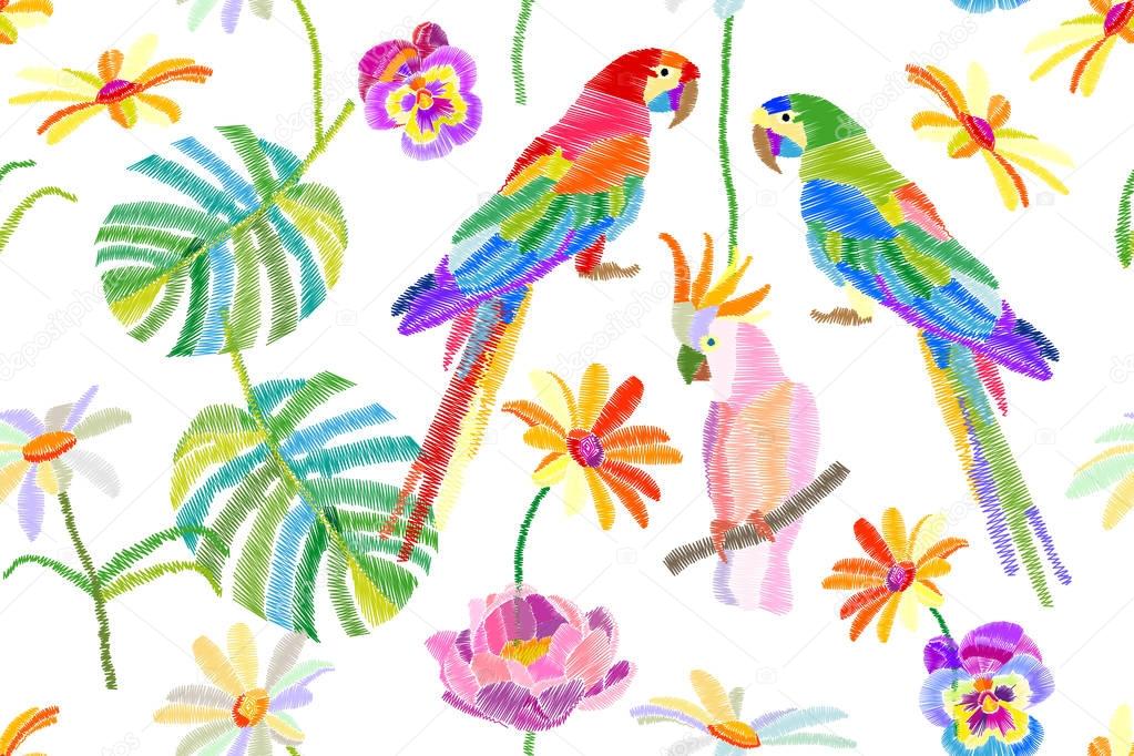 Tropical summer. Seamless vector pattern with parrots, flowers and palm leaves on white background.