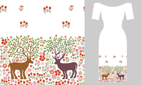 Des cerfs en fleurs. Conception de robe de fête . — Image vectorielle