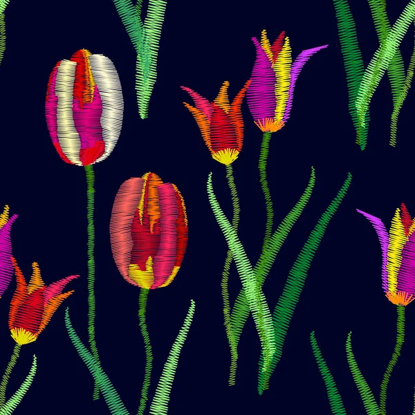 Blühende Tulpen auf schwarzem Hintergrund. — Stockvektor