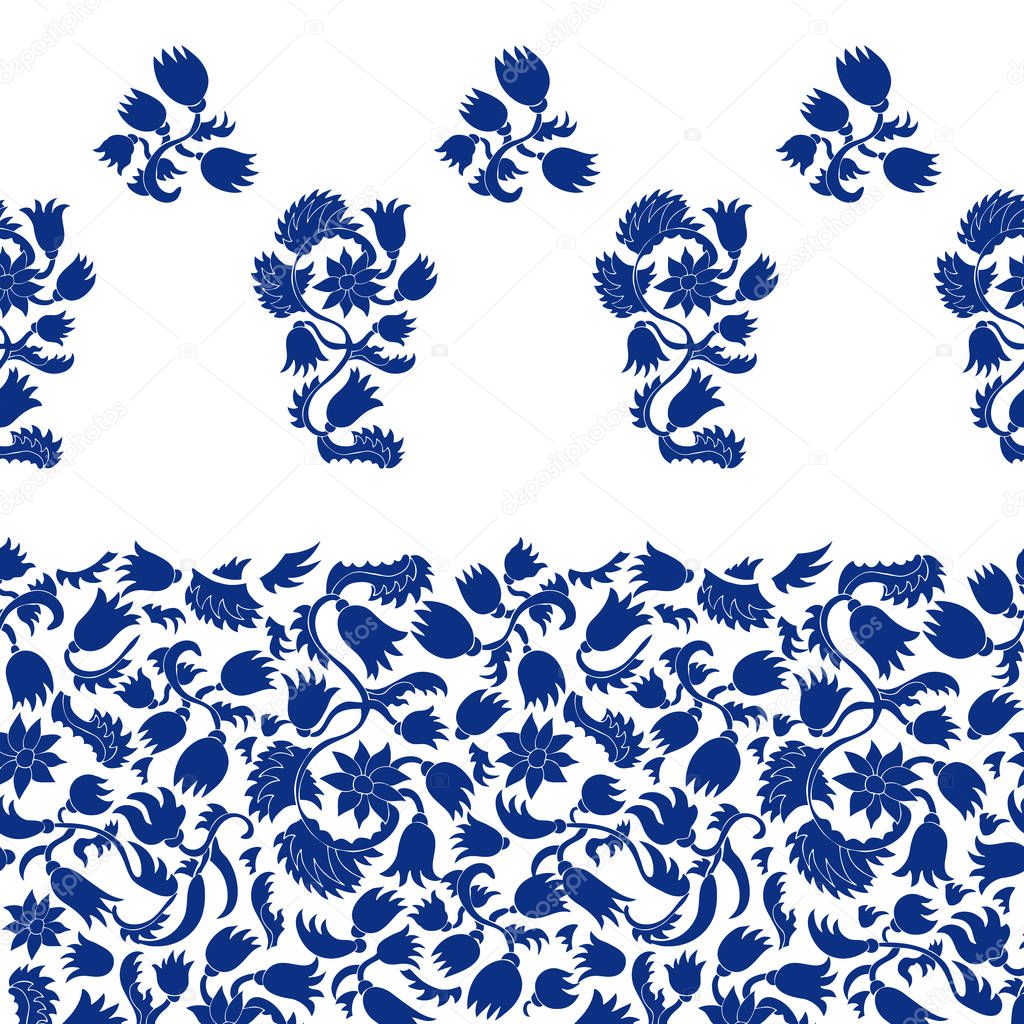 Boho chic. Seamless vector border with stripes and damask ornament.