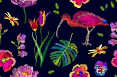 Sorunsuz vektör desen işlemeli papağan, Tukan ve Ibis.