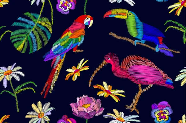 Motif vectoriel sans couture avec perroquet brodé, toucan et ibis . — Image vectorielle