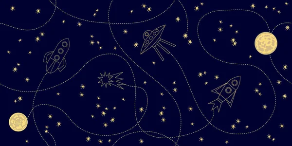 Viagens cósmicas. Fundo vetorial sem costura com naves espaciais, estrelas e planetas . — Vetor de Stock