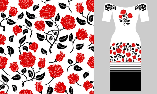 Klassischer Blumenschmuck mit roten Rosen. Party-Dress-Design. — Stockvektor