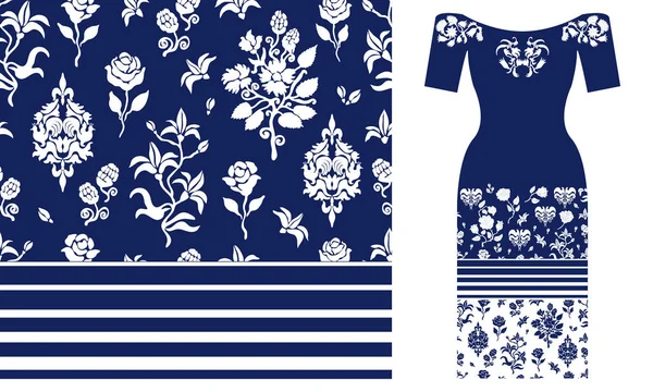 Motif floral bleu et blanc avec éléments damassés et roses . — Image vectorielle