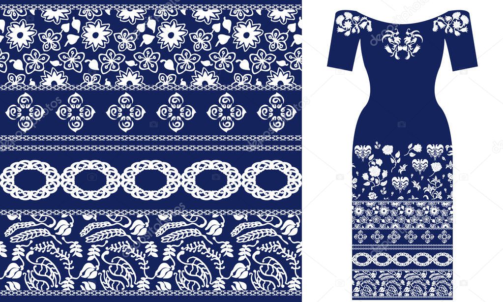 Blue and white floral pattern with Damask elements and roses. 