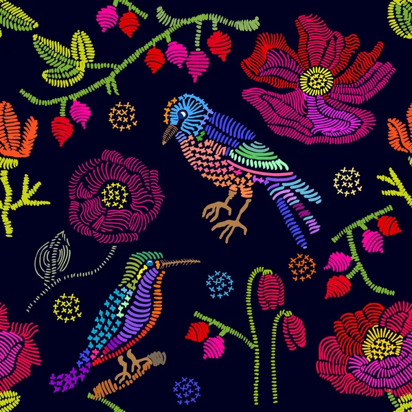 Fleurs brodées et oiseaux sur fond noir . — Image vectorielle