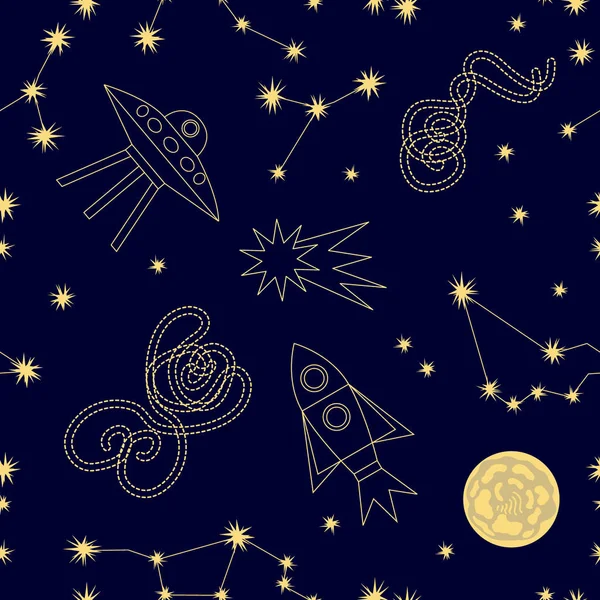 Ciel nocturne. Modèle vectoriel sans couture avec constellations, lune, fusées ufos et étoiles . — Image vectorielle