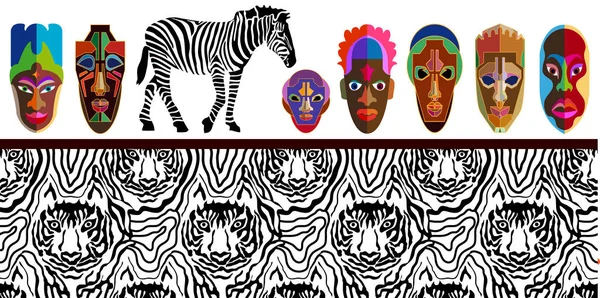 Široký panoramatický bezešvé vektorové hranice s africkými maskami, zebra a tygr tisk. — Stockový vektor