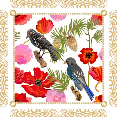 Yaz orman. Çiçek, pembe dalları, koni ve orman kuşlar altın çerçeve beyaz zemin üzerine İpek eşarp deseni.