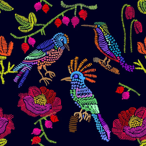 Broderie florale. Modèle vectoriel sans couture avec des oiseaux, des baies et des fleurs . — Image vectorielle