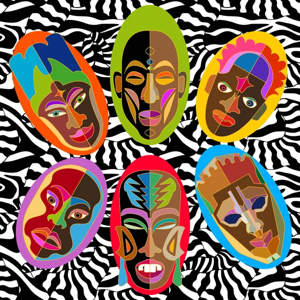 Zijden sjaal met Afrikaanse maskers op zebra afdrukken. — Stockvector