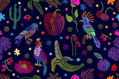 Çiçek nakış. Kuşlar, meyve ve çiçek ile sorunsuz vektör desen.