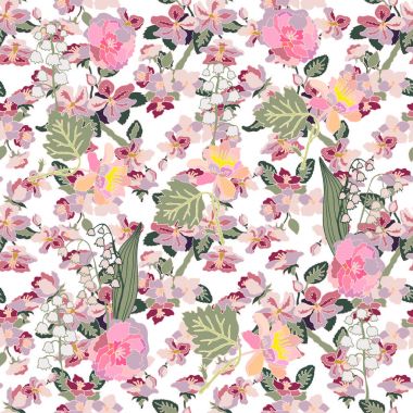 Elma ağacı çiçeği, peonies ve vadideki zambak.