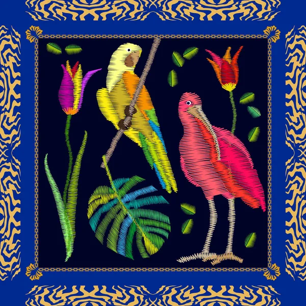 Bordado de aves tropicales amazónicas . — Vector de stock