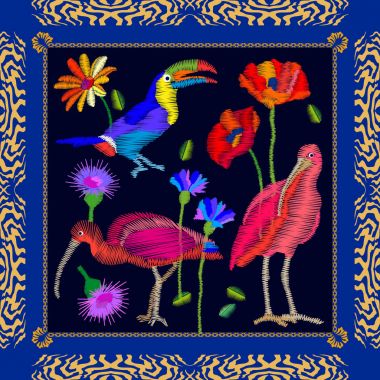 Amazonian birds embroidery. clipart
