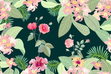 Yaz çiçeği. Sorunsuz vektör desen gül, tropikal çiçek ve yeşillik