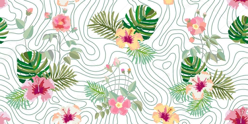Summer blossom. Seamless vector pattern with roses, tropical flowers and foliage