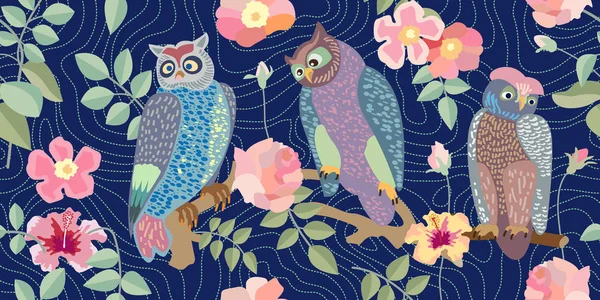 Panoramic vector patterns with owls, roses and branches. — Stock Vector