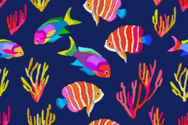 Yaz tropikal deniz. Stilize işlemeli doku ile sorunsuz vektör desen. 