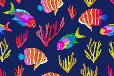 Yaz tropikal deniz. Stilize işlemeli doku ile sorunsuz vektör desen. 