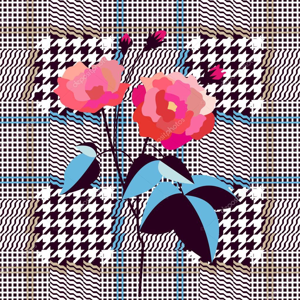 Creative checkered English fabric print with embroidered rose. 