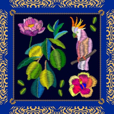 Meyve bahçesinde papağan. 