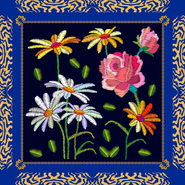 Χαμομήλια κήπος. Μεταξωτό μαντήλι με τα φωτεινά λουλούδια. — Διανυσματικό Αρχείο