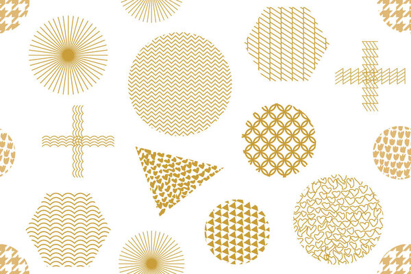 Modern golden print with crosses, hexagons, triangles and circles. 