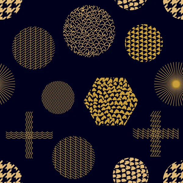 Impressão dourada moderna com cruzes, hexágonos, triângulos e círculos . —  Vetores de Stock