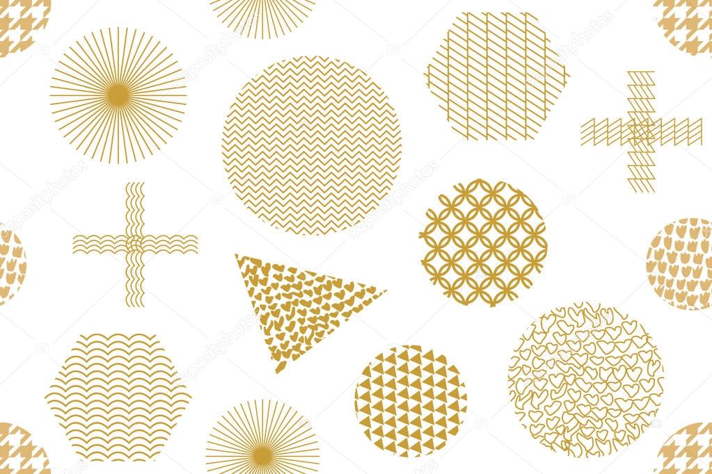 Modern golden print with crosses, hexagons, triangles and circles. 