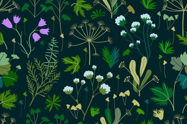 Otlar, kozalaklı ağaçlar, çiçekler ve şube.