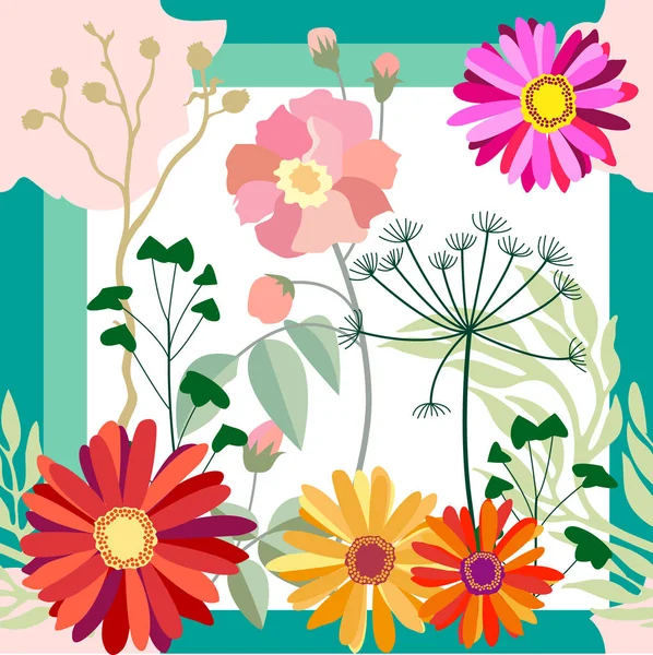 Jardin fleuri d'automne. Roses et gerbera . — Image vectorielle