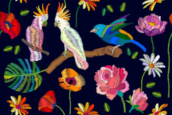 Πολύχρωμα πουλιά στον τροπικό κήπο. — Διανυσματικό Αρχείο